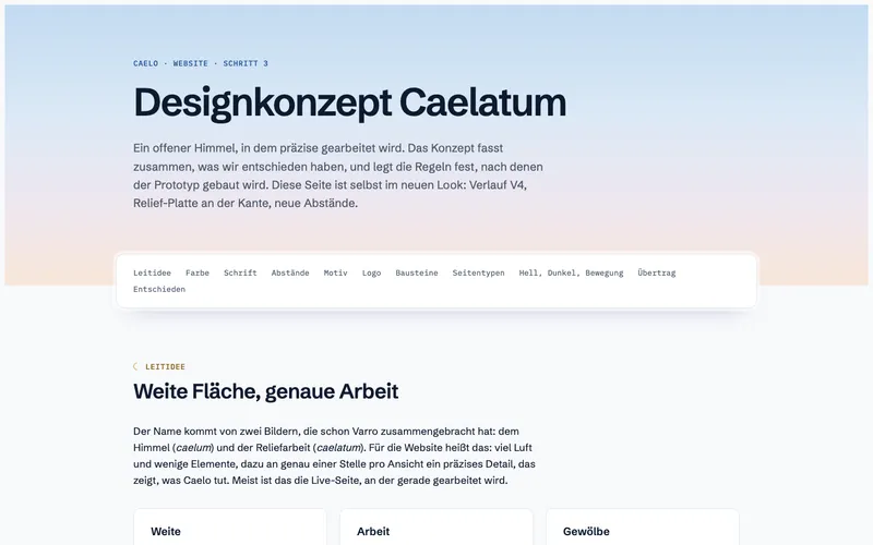 Design concept page from the caelo-cms.com redesign on a sky gradient, with the guiding idea of caelum and caelatum, the sky and relief work