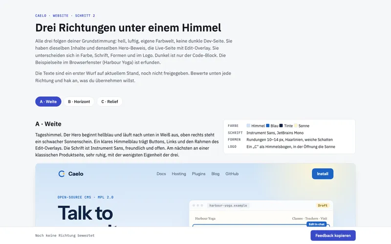 Review page from the caelo-cms.com redesign: three design directions under one sky, each with colour, type, shapes and logo