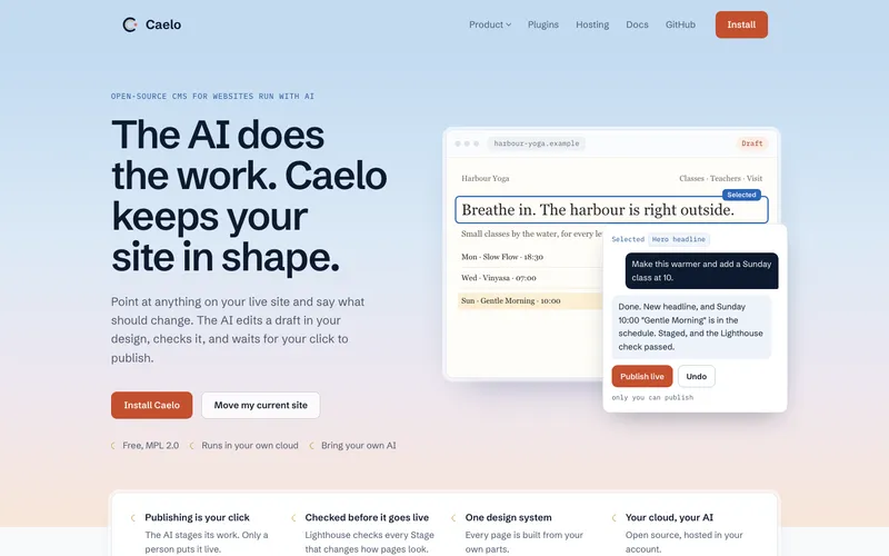 The finished caelo-cms.com homepage built in Caelo: headline, install buttons and an illustrated live-edit demo
