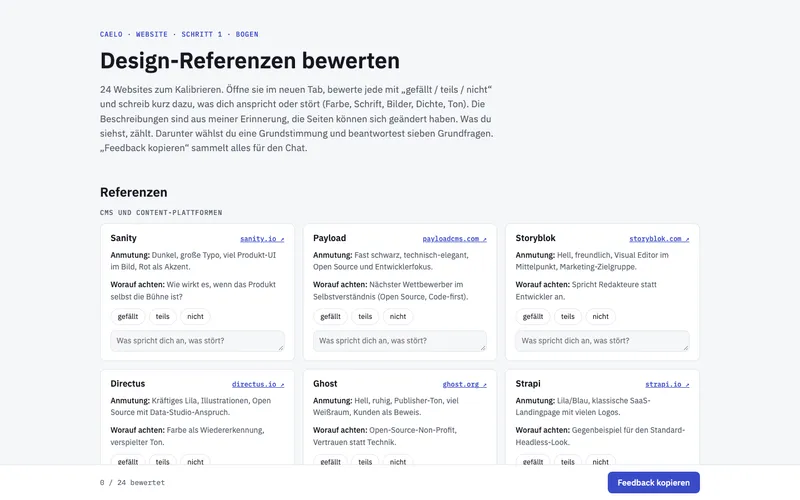 Review page from the caelo-cms.com redesign: 24 reference websites, each to be rated like, partly or not, with a note field