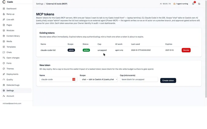 Settings, External AI tools: an admin-scope MCP token for Claude Code with its expiry date and a Revoke button.