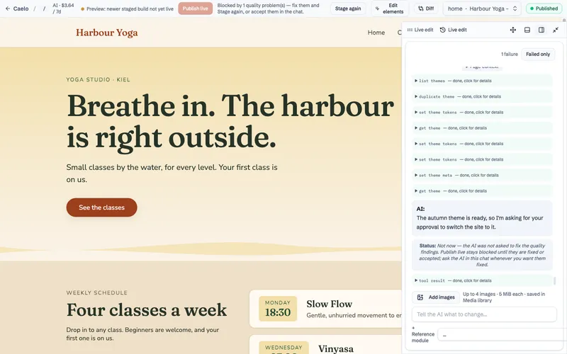 After the approval the Harbour Yoga site shows the autumn theme with warm sand and rust colours.