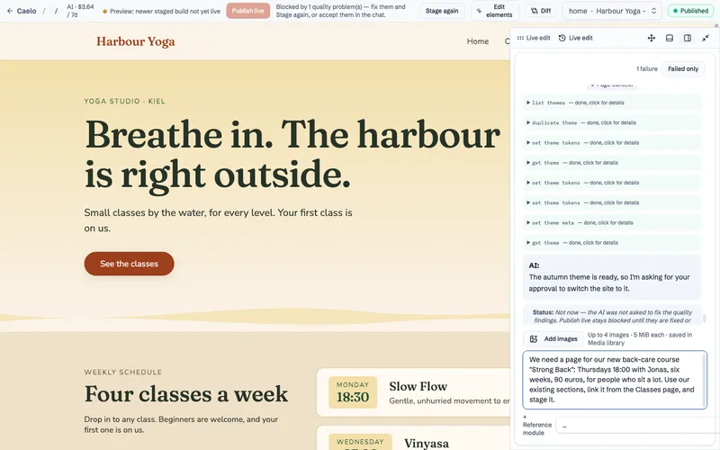 The editor asks for a new page for a six-week back-care course with day, time, teacher and price.