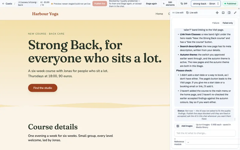 The new Strong Back course page, built from the site's existing sections, next to the AI's summary of what it added and what it still needs.