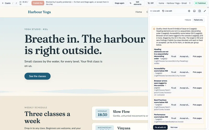The quality check of the staged site lists its findings by type, each with Fix all, Accept or Pick pages, and one button to fix everything with AI.