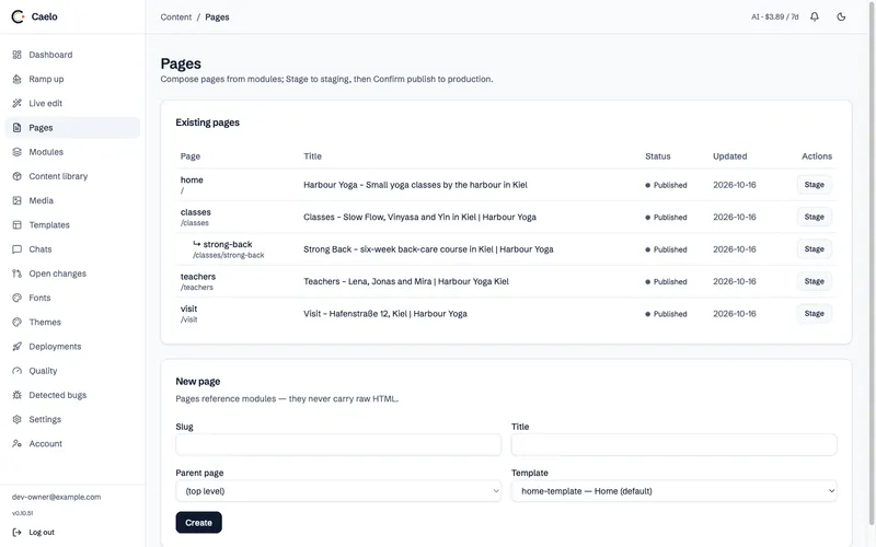 The Pages list in the Caelo admin, with the new course page nested under Classes.