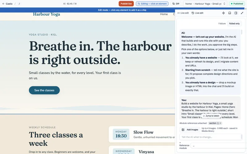 Caelo Live Edit on the Harbour Yoga demo site: the hero section is selected and attached to the chat as a reference.