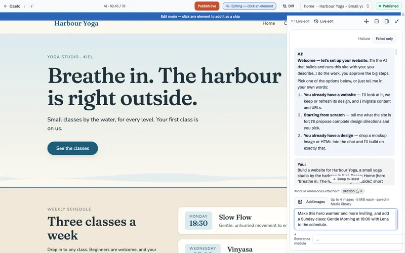 The editor types the request into the chat: make the hero warmer and add a Sunday class to the schedule.
