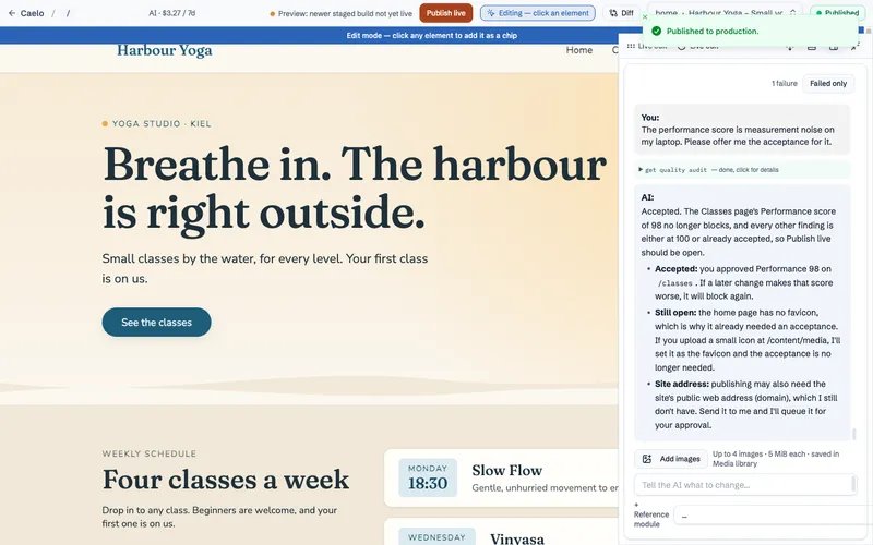 After the click on Publish live, a notice confirms that the change is published to production.