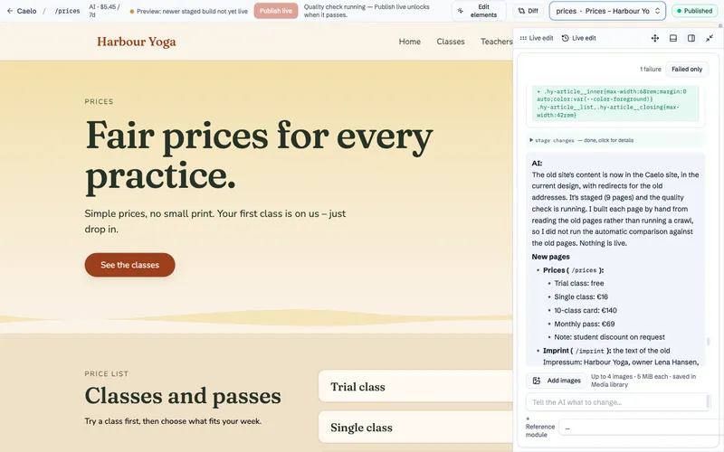 The migrated Prices page in the site's current design, with a clear heading and the list of classes and passes.